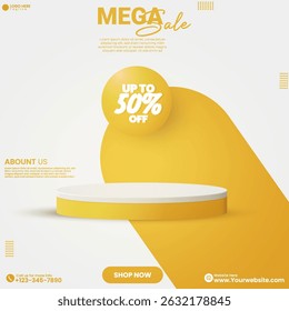 Anúncio de produto de cuidados com a pele com 50% de desconto. Design de banner de venda de marca de beleza com um pódio vazio e cor de laranja. Exposição de Produto de Beleza Moderna para Promoção de Mídia Social. Panfleto de Beleza