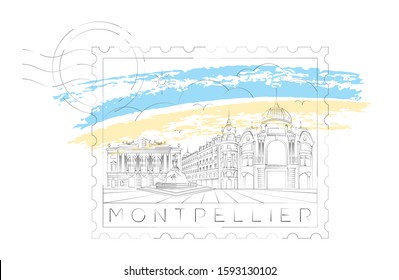 Minimal skyline stamp Montpellier linear vector illustration and typography design, France