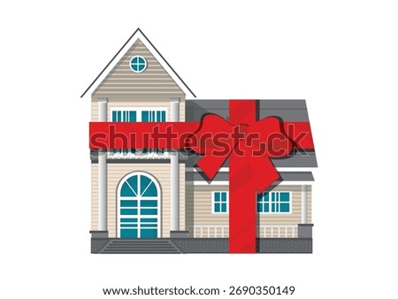 A minimal small house with a large red bow on the roof, representing a gift house, home purchase, real estate present, or holiday surprise.vector illustration.