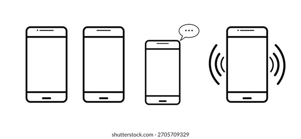 Ícone de smartphone mínimo definido mostrando símbolos de chamada, mensagem, vibração e alerta em design de linha vetorial limpo para UI digital e apps.