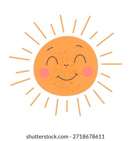 Sol sonriente mínimo con rayos cortos. Icono de sol de dibujos animados plano lindo. Ilustración vectorial de Clima.
