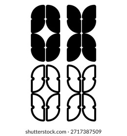 Minimal smooth rounded petal and leaf Vector shapes in dual style with custom floral design. This collection provides minimal black vector icons featuring smooth rounded petals and symmetric curved leaf shapes. Perfect for logos, icons or digital projects.