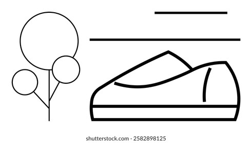 Minimal sneaker outline with surrounding lines and abstract tree design highlighting fitness connection. Ideal for sports, health, exercise, walking, active lifestyle, running, outdoor activities