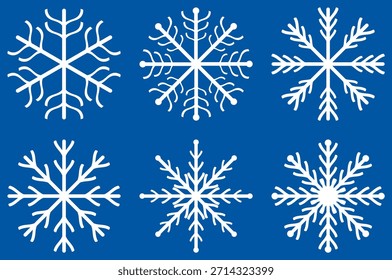 Conjunto mínimo de ícones do vetor do floco de neve, cristais de gelo de inverno branco no fundo azul