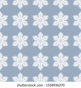Minimal snowflakes seamless pattern. Cute geometric snowflake on bright blue background. Vector illustration