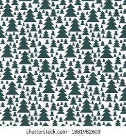 Minimal snowy forest two colors seamless pattern vector. Different size pine tree forest of tidewater green isolated on white. Conifer trees on white funny winter surface design for home textile, etc