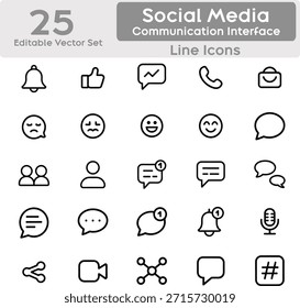 Minimal social media and communication interface icons set for web and app UI, featuring 25 clean and modern line icons representing digital interaction and online communication elements. Includes symbols such as chat bubble, message, notification bell, like, follower, share, comment, live stream, emoji, hashtag, user profile, direct message, microphone, video call, phone call, group, feed, trending, mention, broadcast, network connection, status update, and user engagement. Designed with consistent stroke weight, rounded line caps, monochrome black on white background. Ideal for social platforms, messaging apps, marketing projects, and digital products requiring professional, scalable, vector friendly icons.