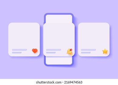 Minimal social media mockup, smartphone with interface carousel and notification post on social network on purple background. 3d render illustration