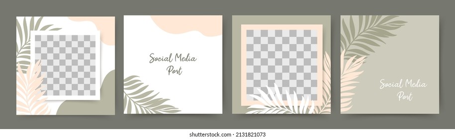 Minimal social media post templates. Abstract green organic shapes floral background, tropical leaves. Editable vector illustration