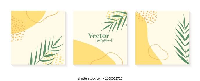 Minimal social media post templates in yellow colors. Abstract organic shapes floral backgrounds with place for text