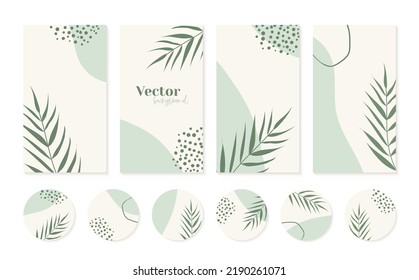 Minimal social media stories templates and highlight story cover icons in green colors. Abstract organic shapes floral background with copy space for text