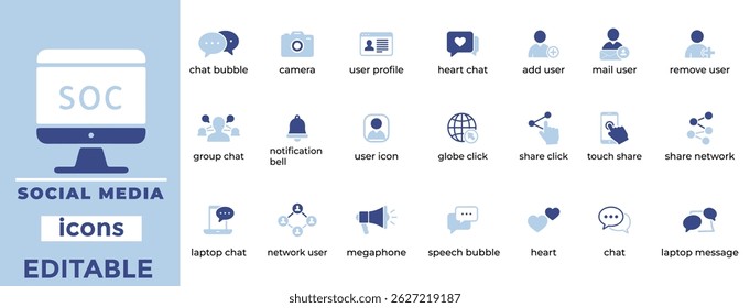 Ícones de vetor de mídias sociais mínimos para aplicativos, marcas e marketing. Arte eletrônica limpa e editável para projetos de design digital.