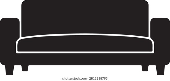 Minimal sofa silhouette icon featuring a modern couch in a clean flat vector style. Ideal for furniture, home interior, living room, home decor, office, real estate, architecture, interior design, websites, mobile apps, logos, infographics, and educational materials. Fully editable EPS 10 vector isolated on white background.