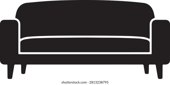 Minimal sofa silhouette icon featuring a modern couch in a clean flat vector style. Ideal for furniture, home interior, living room, home decor, office, real estate, architecture, interior design, websites, mobile apps, logos, infographics, and educational materials. Fully editable EPS 10 vector isolated on white background.