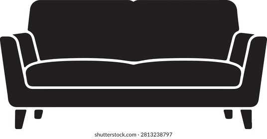 Minimal sofa silhouette icon featuring a modern couch in a clean flat vector style. Ideal for furniture, home interior, living room, home decor, office, real estate, architecture, interior design, websites, mobile apps, logos, infographics, and educational materials. Fully editable EPS 10 vector isolated on white background.