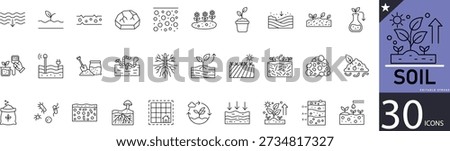 Minimal Soil 30 line icons for earth, ground, farming, planting, roots, nutrients, and soil care. Ideal for agriculture, gardening, sustainability
