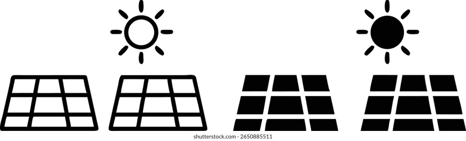Minimal Solar Panel Icon Set – Black and White Vector Renewable Energy Design with Sun Symbols