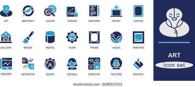 Minimal solid art icons set. Featuring brush, palette, abstract, drawing, painting, sketch, pattern, and creative tools. Perfect for UI, design, and apps.