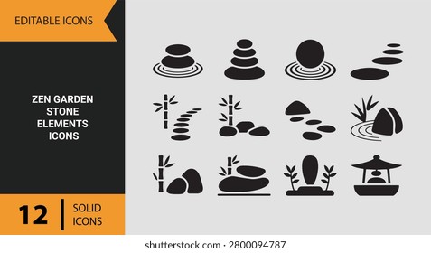 Minimal solid icon collection highlighting zen garden stones and peaceful elements suitable for meditation branding wellness projects and harmony themed content.