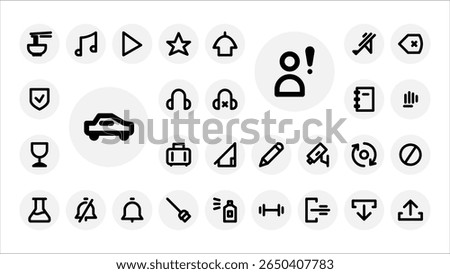 Minimal solid icon set featuring UI elements, audio, alerts, editing tools, transport, protection, and daily actions in modern line style.