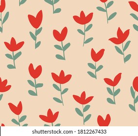 Minimal solid red flowers seamless vector pattern. Simple red flowers with green leaves forming an organic garden on peach color. Great for home decor, fabric, wallpaper, stationery, design projects.