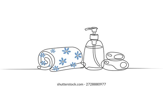 Minimal Spa Accessories Line Art Vector with Towel, Soap Dispenser and Stones