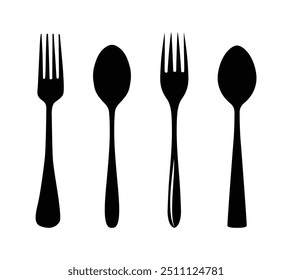 Minimal Spoon Clip Art Isolated. Clip Art Outline And silhouette Set, Cutlery Vector Illustration Best Collection With Black color White Background.