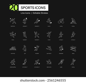 Minimal Sports Icons. Dark line, outline, figure icons of badminton, volleyball, soccer, cycling, hockey, tennis, baseball, cricket, running, swimming, golf, gymnastics, basketball, skiing, football