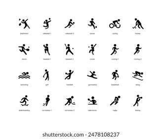 Minimal Sports Icons. Modern glyphs, flat pictograms of badminton, volleyball, soccer, cycling, hockey, tennis, baseball, cricket, running, swimming, golf, gymnastics, basketball, skiing, football