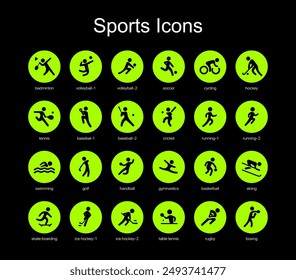 Iconos deportivos mínimos. Glifos modernos, pictogramas planos de bádminton, voleibol, fútbol, ciclismo, hockey, tenis, béisbol, cricket, correr, nadar, golf, gimnasia, baloncesto, esquí, fútbol