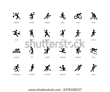 Minimal Sports Icons. Modern glyphs, flat pictograms of badminton, volleyball, soccer, cycling, hockey, tennis, baseball, cricket, running, swimming, golf, gymnastics, basketball, skiing, football