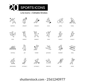 Minimal Sports Icons. Modern line, outline, figure icons of badminton, volleyball, soccer, cycling, hockey, tennis, baseball, cricket, running, swimming, golf, gymnastics, basketball, skiing, football