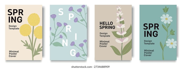 Mínimas cubiertas de flores de primavera con delicadas ilustraciones florales y tipografía atrevida en tonos pastel suaves