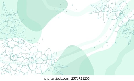 Minimal spring horizontal banner with line daffodils or narcissus on pastel green and white background. Angle flowers frame, corner composition, monochrome color. Vector HD template with copy space.