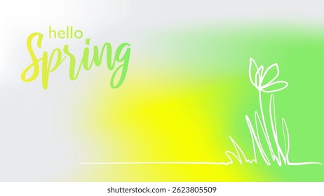 Minimal spring-themed illustration with hand-drawn flower and "Hello Spring" lettering on a green-yellow gradient. Ideal for banners, cards, social media, ads.