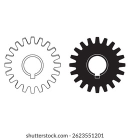 Minimal spur gear icon vector in solid and outline style, perfect for mechanical, industrial, or tech-themed designs. Includes black and white versions for versatile use.