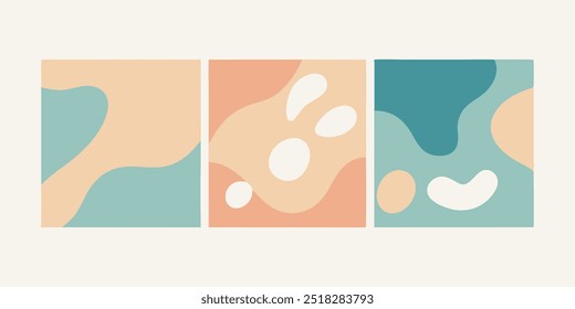 Minimal square backgrounds with organic abstract shapes and sample text in pastel colors