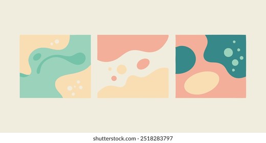 Minimal square backgrounds with organic abstract shapes and sample text in pastel colors