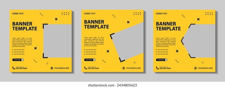 Minimal square banners with customizable photo frames for social media and web ads. Vector illustrations with editable templates in yellow and black for eye-catching promotions.