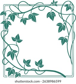 Minimal square climbing vine frame outlined in fine lines and soft shades of green placed on white background designed for quality stock submission