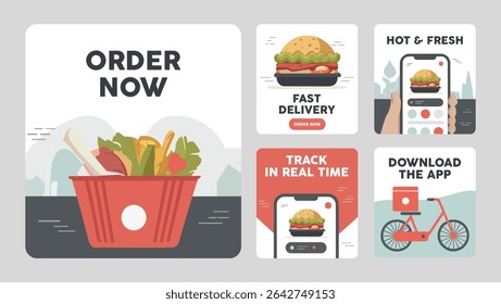 Minimal square social media food delivery vector design set modern flat illustrations