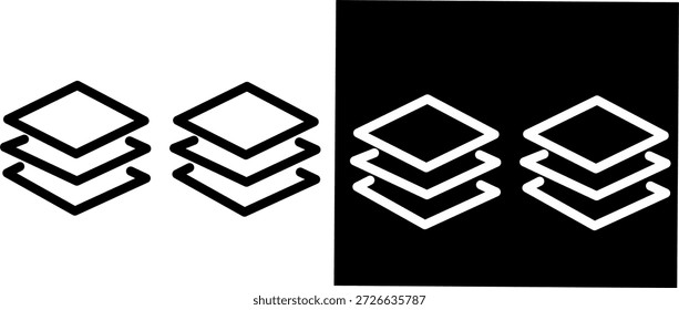 Icono de capas apiladas mínimas en blanco y negro. Símbolo de contorno geométrico simple para datos, archivos, capas, interfaz de usuario y diseño digital moderno.