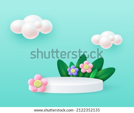 Minimal stage with light cylindrical podium. Spring composition with ceramic flowers, grass and clouds. Stage for product demonstration, showcase. Vector illustration