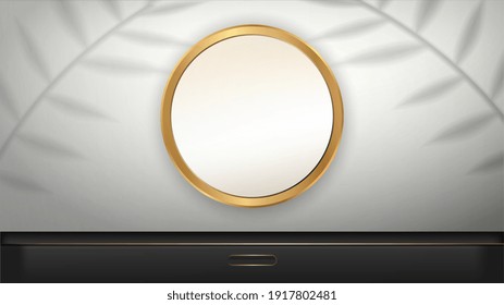 Minimal stage for product presentation. Black cabinet and mirror with gold frame. Mockup for displaying a cosmetic product, podium, pedestal or platform. Realistic style. Vector illustration.