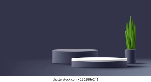 Minimal stage for product presentation. Black cylinder podium with indoor plants. Mockup for displaying a cosmetic product, podium, pedestal or platform.
