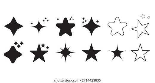 Minimal Star Icon Set Colección de Formas de estrella de brillo blanco negro.