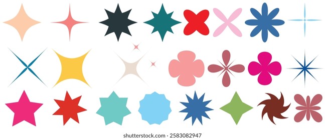 Minimal star shapes. Set of minimal icons in colors. Bauhaus inspired design elements. Futuristic composition in vector. Eps 10.