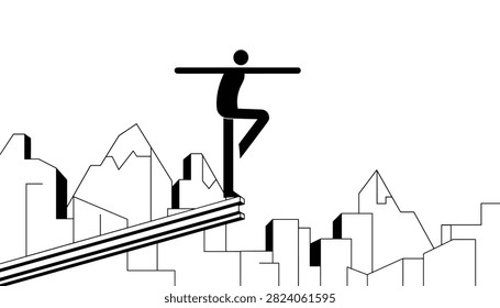 Minimal stick figure balancing on a high construction beam with abstract black and white city buildings in the background.