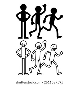 Minimal Stick Figure People Icons – Standing, Waving, Running Pose Vector Illustration