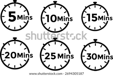 Minimal Stopwatch Timer Icons Set | 5 to 30 Minutes Countdown Vector